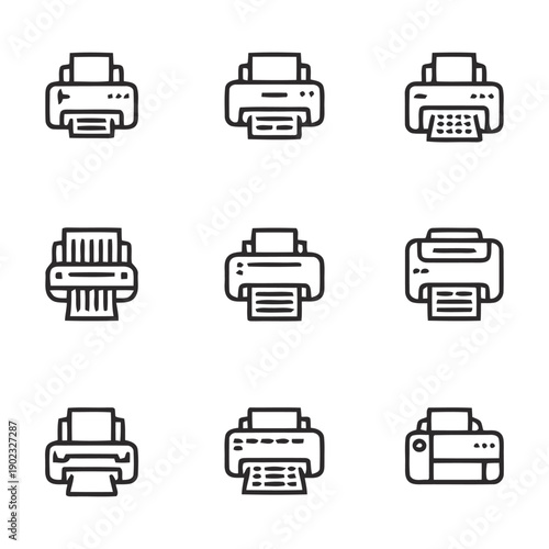 Collection of different printer icons on white background