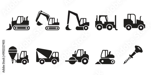 Collection of construction vehicles and building equipment icons for industry and heavy machinery