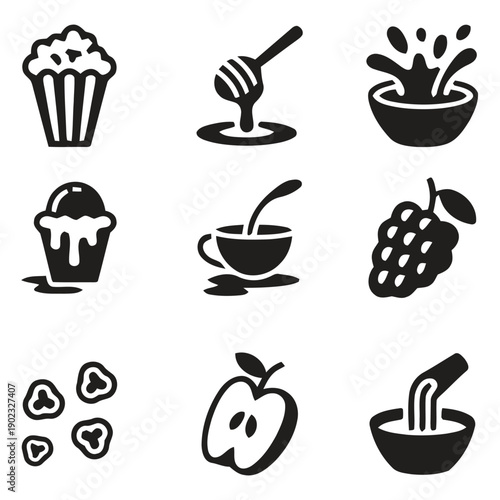 Collection of food and drink icons including fruits, desserts, and beverages
