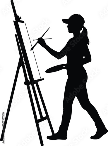 Female artist silhouette painting on easel, creative painter working with brush palette, artistic process isolated on white background studio illustration