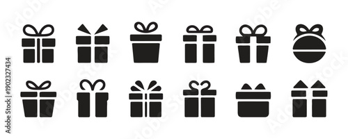 Collection of gift box icons with bows, celebrating holidays and special occasions, black illustrations