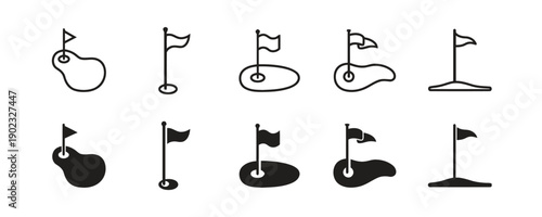 Collection of golf flag icons with different styles and representations including outline filled and isolated