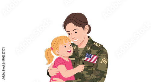 Happy Military Mother Hugging Her Young Daughter Who is Holding a US Flag for Reunion or Homecoming.
