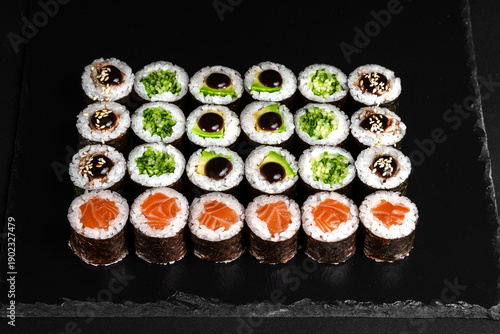 Sushi set: salmon, avocado, eel
