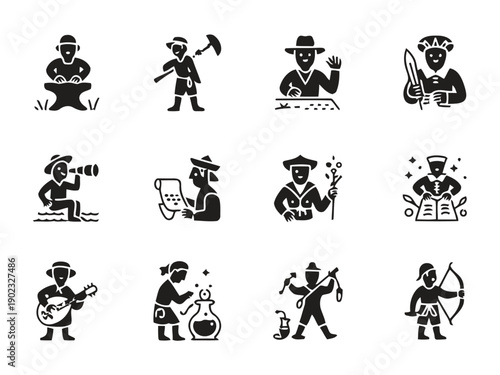 Collection of historical icons representing different professions from medieval times