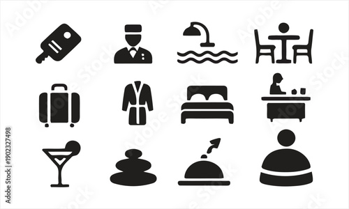 Collection of hotel and travel icons representing hospitality and amenities