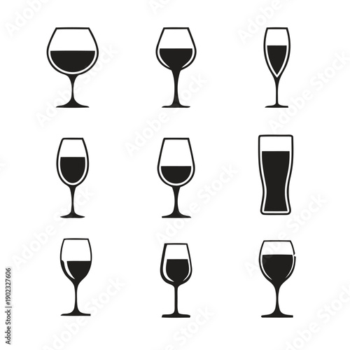 Collection of nine black icons depicting various glasses and drinks on white background