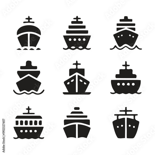 Collection of nine black cruise ship icons on white background