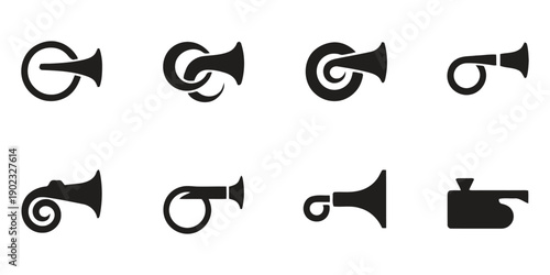 Collection of musical instrument horns and whistles graphic icons