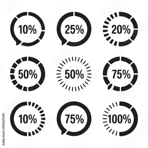 Collection of nine circular progress bar icons indicating various percentage levels