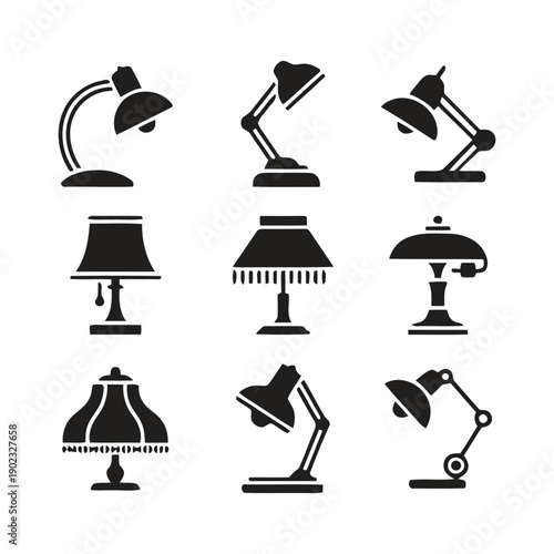 Collection of nine desk lamps and table lights in various styles and shapes, black silhouette icons