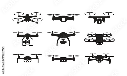 Collection of nine drone icons in various styles and designs