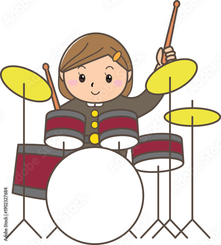 ドラムを演奏する子ども奏者のイラスト｜音楽活動・リズム表現・演奏シーン素材