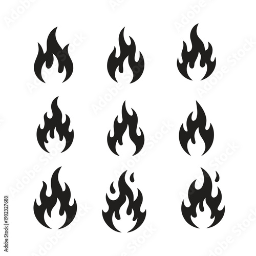 Collection of nine stylized black fire flame icons set on white background, simple abstract shapes representing heat and energy