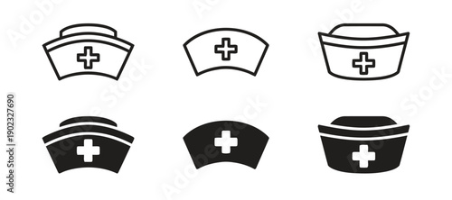 Collection of nurse cap icons in outline and filled styles for medical and healthcare concepts