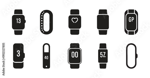 Collection of smart watch icons and symbols with numbers and hearts