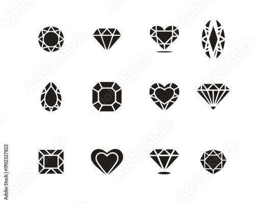Collection of sparkling diamond gemstone icons representing various cuts and shapes, elegant jewelry symbols