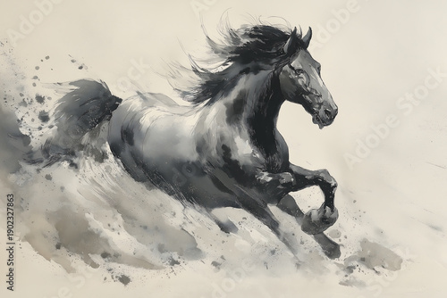 A black horse is running with its mane and tail flowing in the wind.