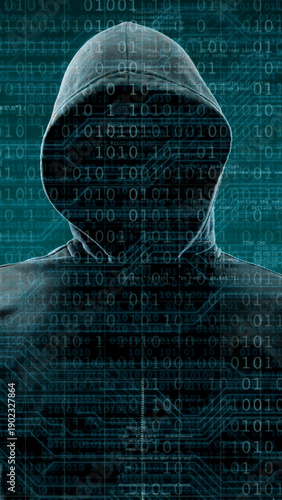 Computer hacker in mask and hoodie over abstract binary background. Obscured dark face. Data thief, internet fraud, darknet and cyber security.