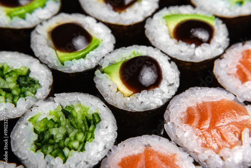 Sushi set: salmon, avocado, eel