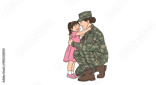 Military Woman Kneeling to Hug a Young Girl in a Pink Dress for Heartwarming Reunion or Welcome Home.