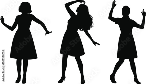 Silhouette of dancing women in stylish dresses, female dance poses collection, nightclub party concept, celebration movement, black and white illustration isolated on white background.