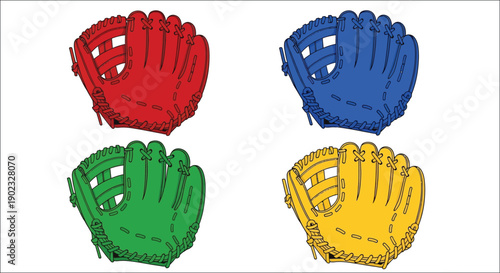 Four colorful baseball gloves displayed against a plain white background