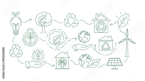 Green Lifestyle Illustrated: A graphic depicting sustainable living and environmental preservation, showcasing elements like renewable energy, recycling, and eco-friendly practices.