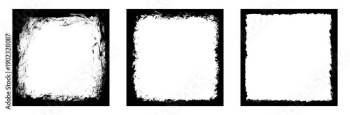 Set of three black grunge square borders with unique heavy textures and splattered edges on transparent grid background