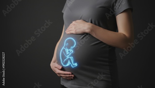 Pregnant woman cradling her belly, revealing a glowing blue digital representation of a fetus, symbolizing modern reproductive technology, future motherhood, and the journey of expectant parents
