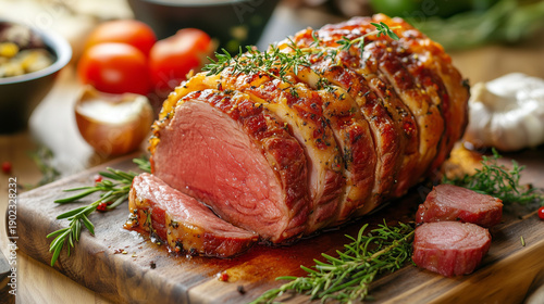 Roasted meat roll with juicy center served on wooden board