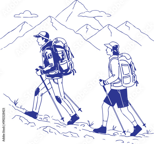 Hikers walking in the mountains with backpacks and trekking poles in a simple illustration Vector, illustration