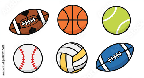 Colorful cartoon illustration of six different sports balls arranged in rows