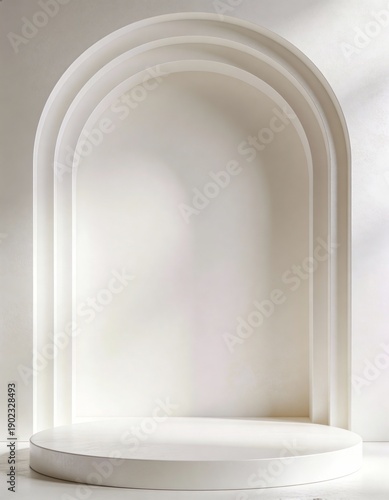 Wallpaper Mural Front view minimalist pearl white triple archway, clean 3D architectural backdrop with soft lighting and subtle depth for product presentation Torontodigital.ca