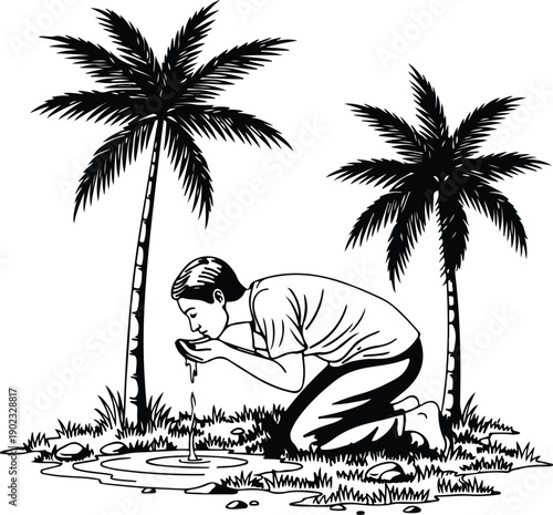 A man digging in the sand under palm trees on a tropical island scene. Vector, illustration