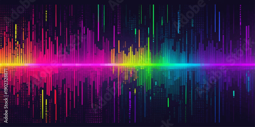 Abstract rainbow colorful background with bright light wave and digital equalizer glow line illustration on black night backdrop for music and audio design