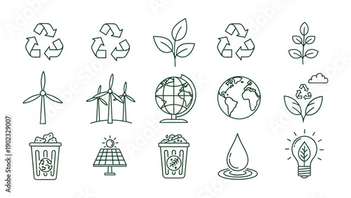 Environmental Icons: A comprehensive set of eco-friendly icons representing sustainability, recycling, and renewable energy to promote environmental consciousness.