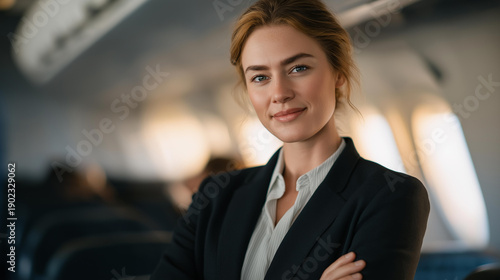 A flight attendant stands confidently in the airplane cabin, ready to assist passengers with information about the journey ahead, illustrating the vital role of communication in the airline