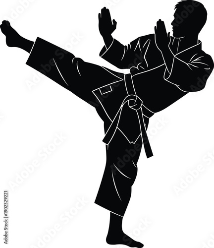 Martial arts karate fighter silhouette performing high kick, combat sport training illustration, self defense pose isolated on white background studio