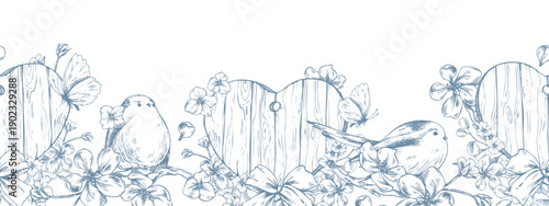 Birds and butterflies among flowers and wooden hearts. Hand-drawn ink graphic illustration, monochrome line art style. Seamless border pattern for spring holidays and weddings.