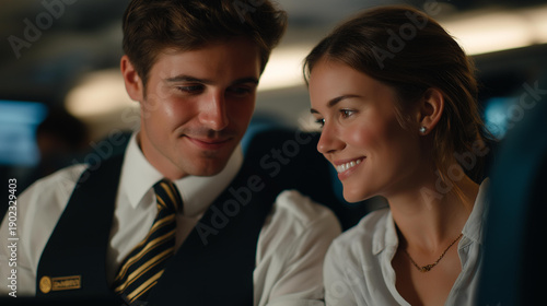 A flight attendant assists a passenger with the overhead panel controls, ensuring everyone understands the available amenities and safety features while promoting a friendly cabin environment.