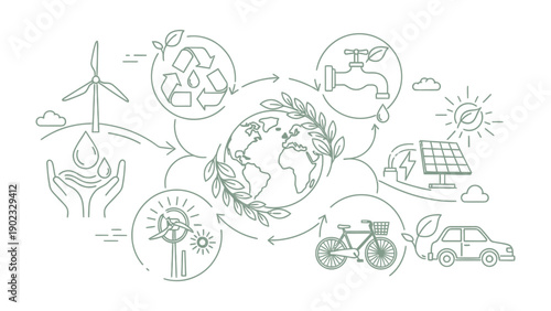Eco-Friendly Cycle: This illustration encapsulates a holistic approach to sustainable living. Central to the composition is the Earth.