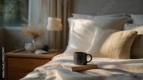 The bedtime routine features a peaceful ambiance with melatonin supplements placed on a nightstand next to a calming book, creating a serene environment for relaxation and sleep preparation.