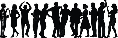 Silhouette of people dancing and socializing at party, group celebration with drinks, nightlife crowd concept, friends having fun illustration isolated on white background.