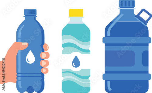 Flat vector illustration set of water containers featuring a hand holding a blue plastic bottle, a decorative wave-pattern bottle with a yellow cap, and a large blue water gallon