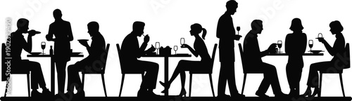 Silhouette of people dining in restaurant, waiter serving drinks and food, social dinner party concept, cafe and hospitality scene illustration isolated on white background.