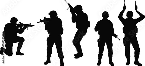 Military soldier silhouettes with weapons in combat poses isolated on white background, tactical army action illustration for security, defense, training