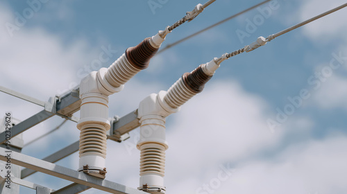 A close-up view of high voltage insulators on a transmission line, showcasing their design and function in preventing electrical leaks, is essential for maintaining safety and efficiency in