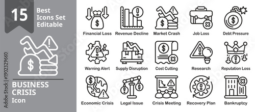 Business Crisis icon set. Contains financial trouble, risk management, emergency decisions, market downturns, stress, recovery planning, and corporate challenges. Editable outline vector illustration.