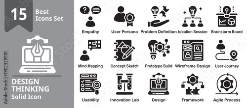 Design Thinking Icon set. Including design, thinking, innovation, idea, brainstorm, creative and more. Solid vector icons collection. Vector Illustration.